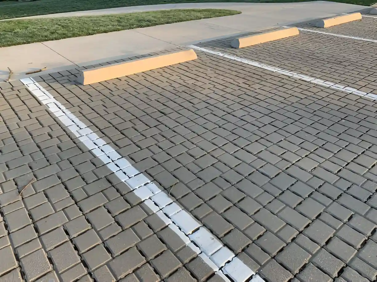 New parking blocks installed on a brick surface.